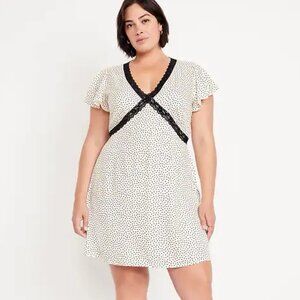 Old Navy Fit Flare Crepe Lace Trim Mini Dress XXL Black Polka Dot Flutter Sleeve